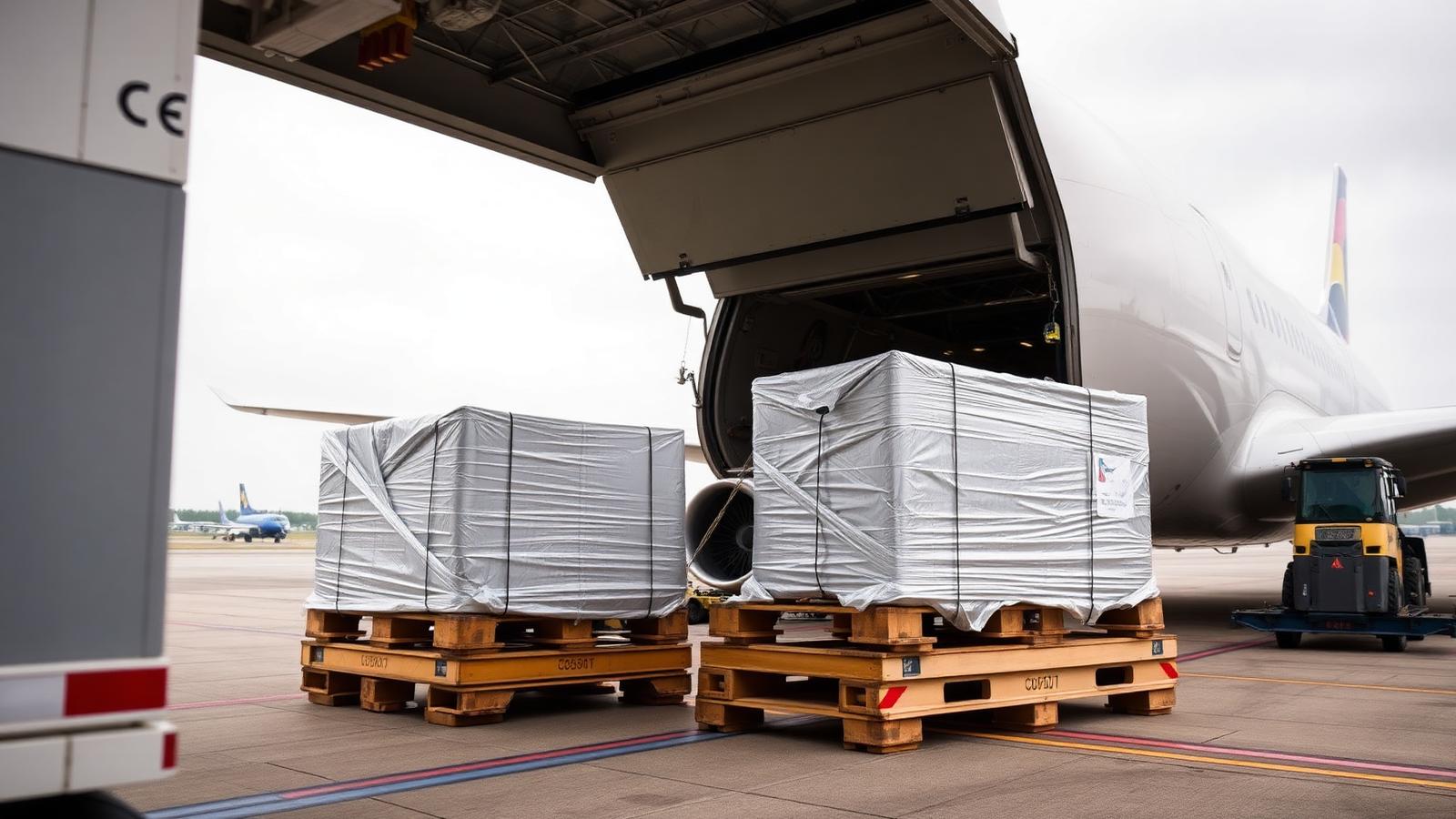 Air cargo pallets being loaded onto a freight aircraft