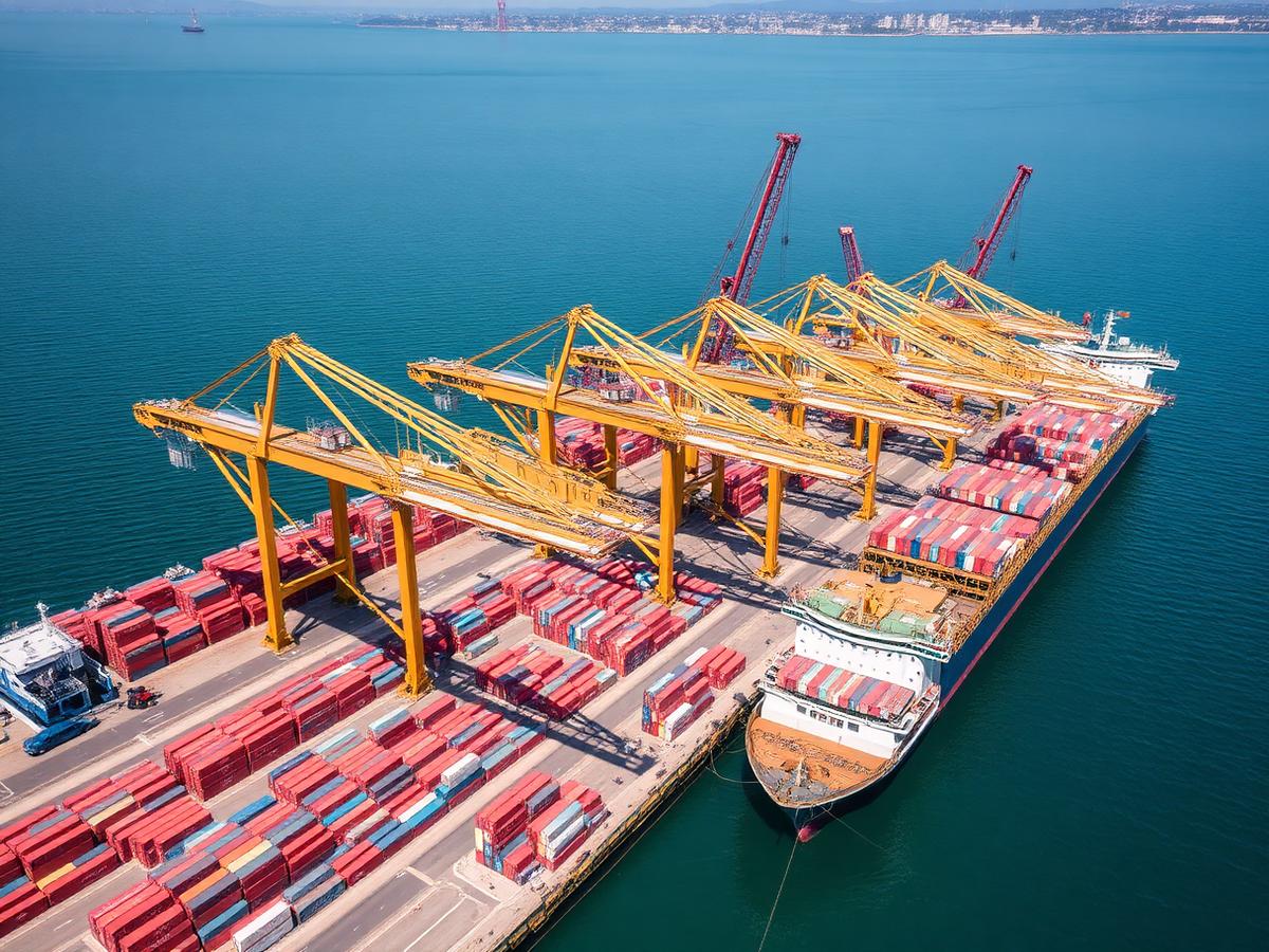 Aerial view of a container terminal with gantry cranes and a docked vessel