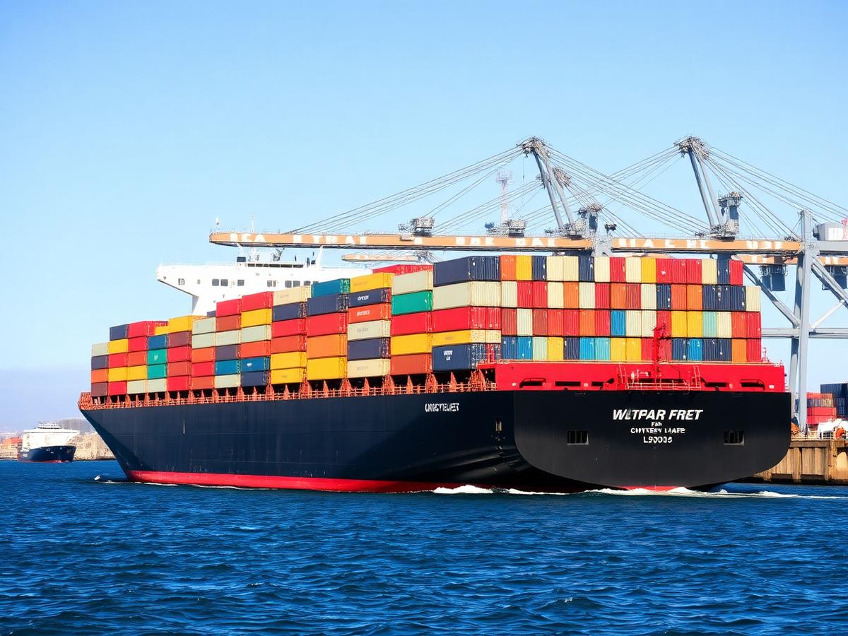 Container ship loaded with shipping containers leaving a port