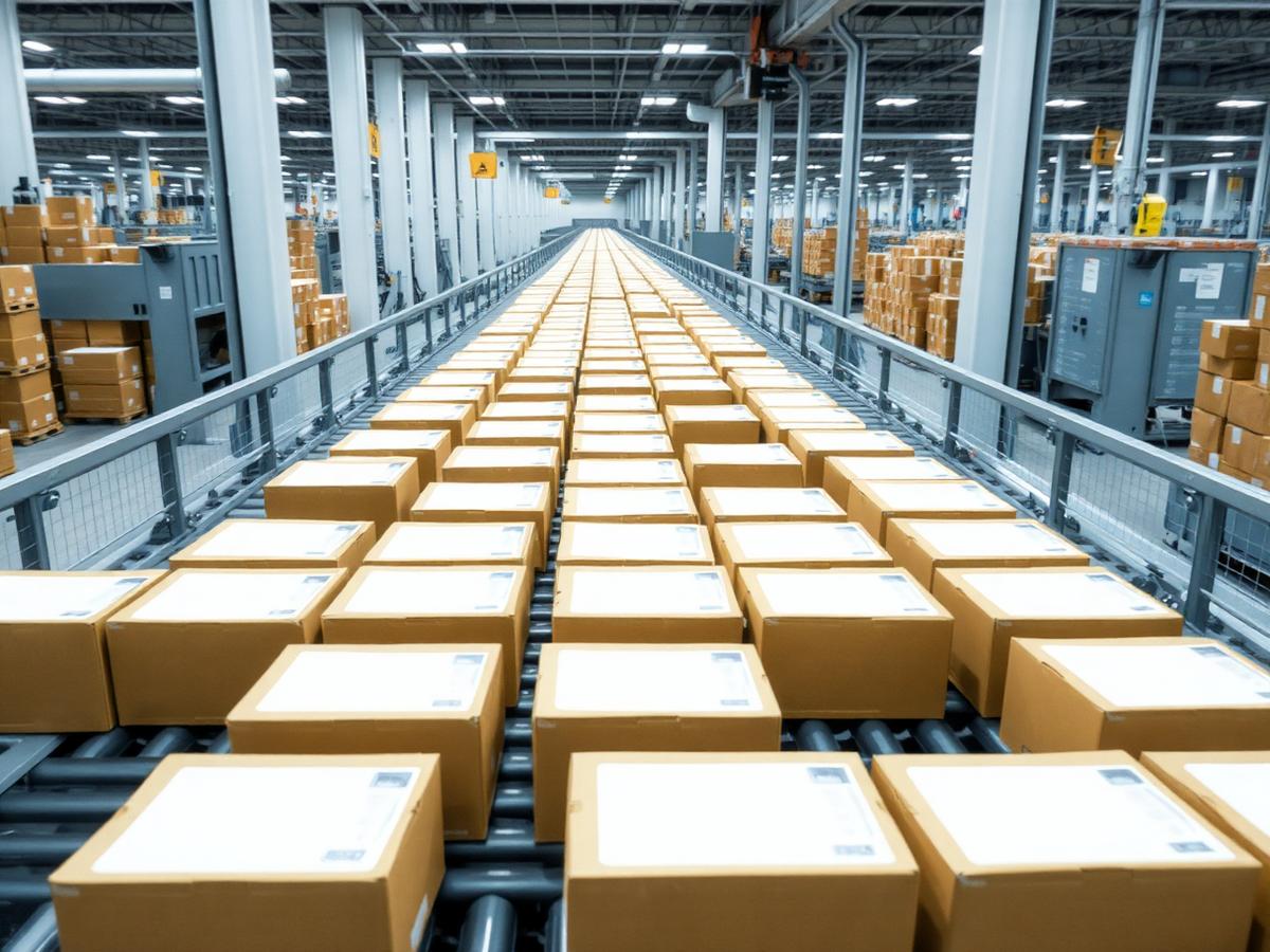 Cardboard parcels moving along a conveyor in a sorting facility