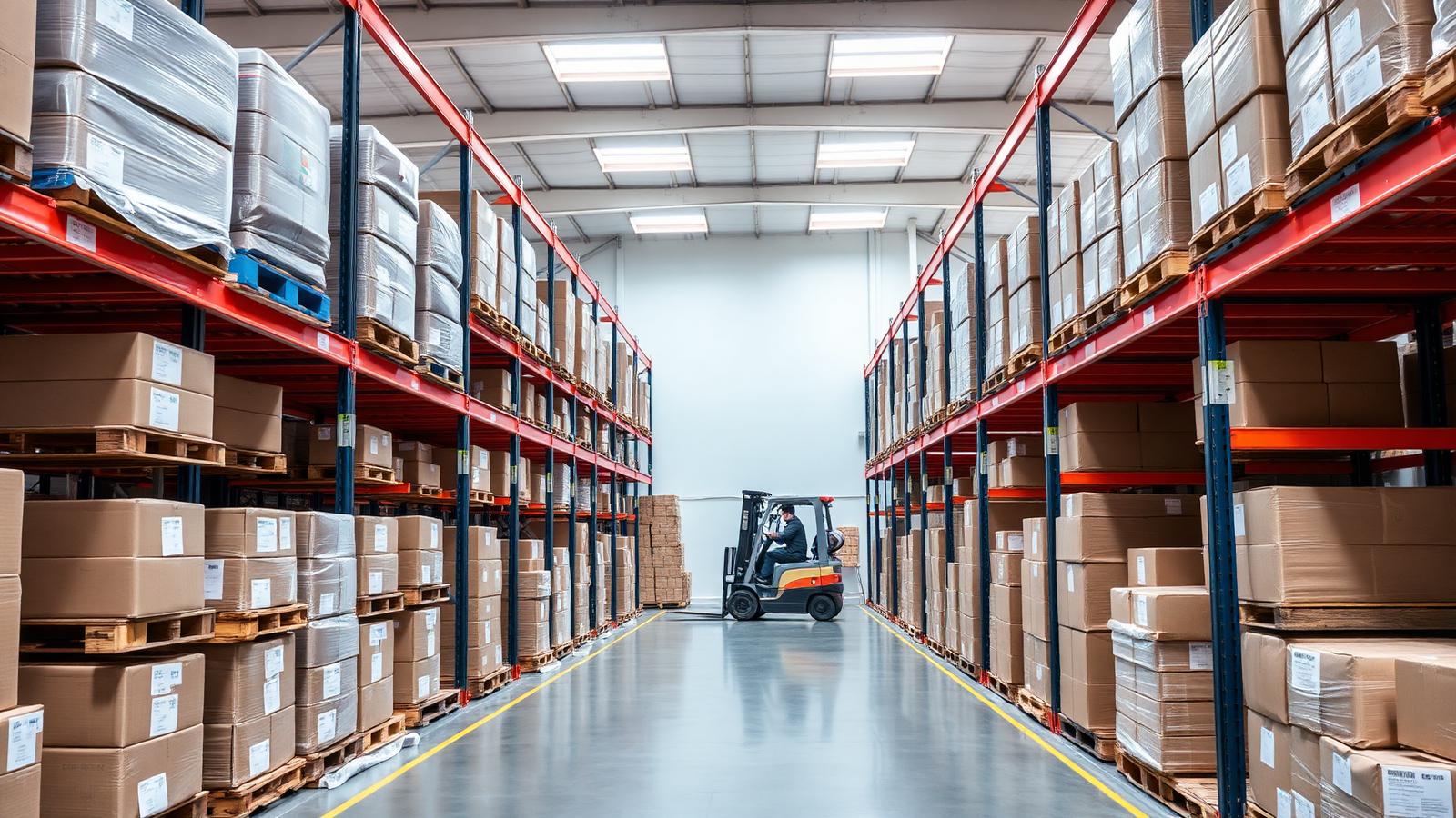 Pallets and cartons stored on racking inside a distribution warehouse