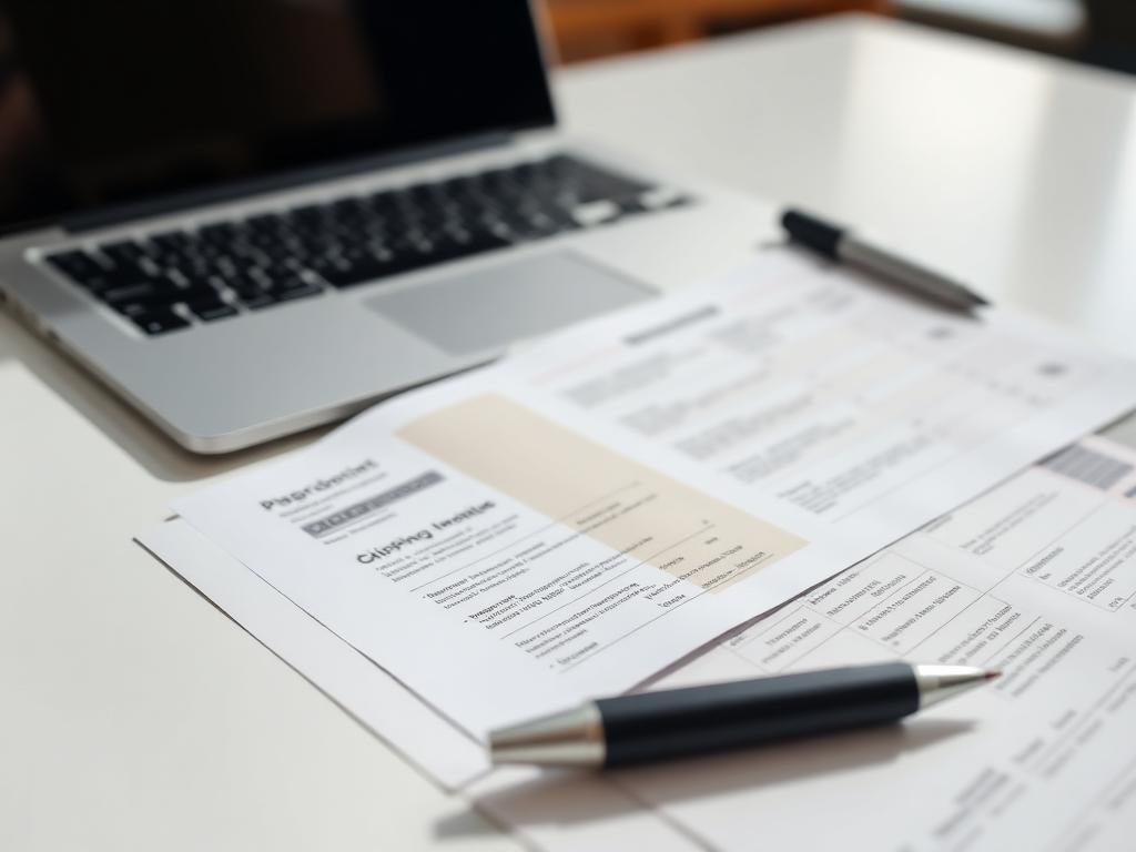 Shipping and customs documentation on a desk beside a laptop
