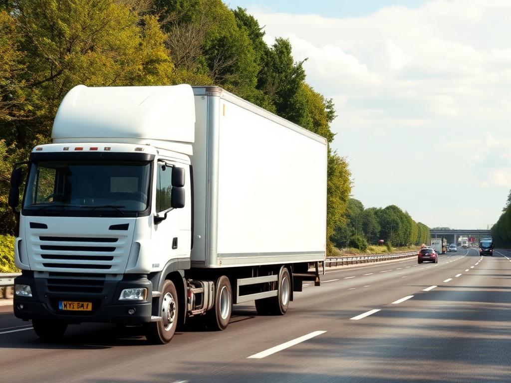 A white lorry travelling on a UK motorway