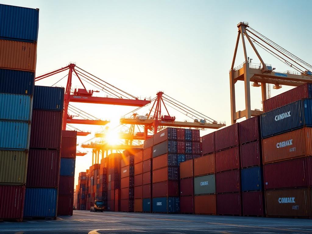 Shipping containers and gantry cranes at a container port