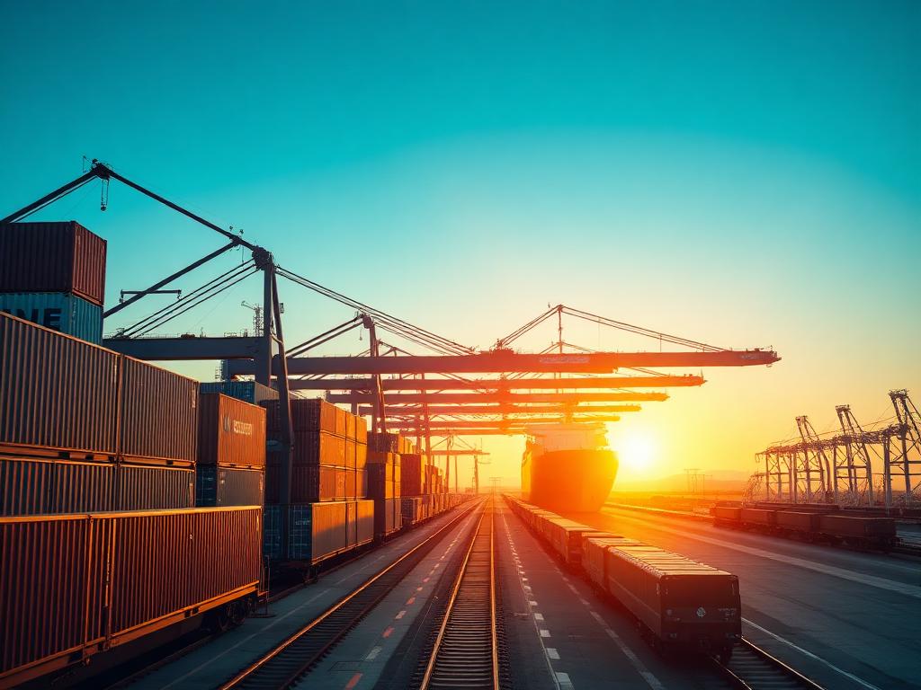 Container port at dawn with a cargo ship and rail freight wagons