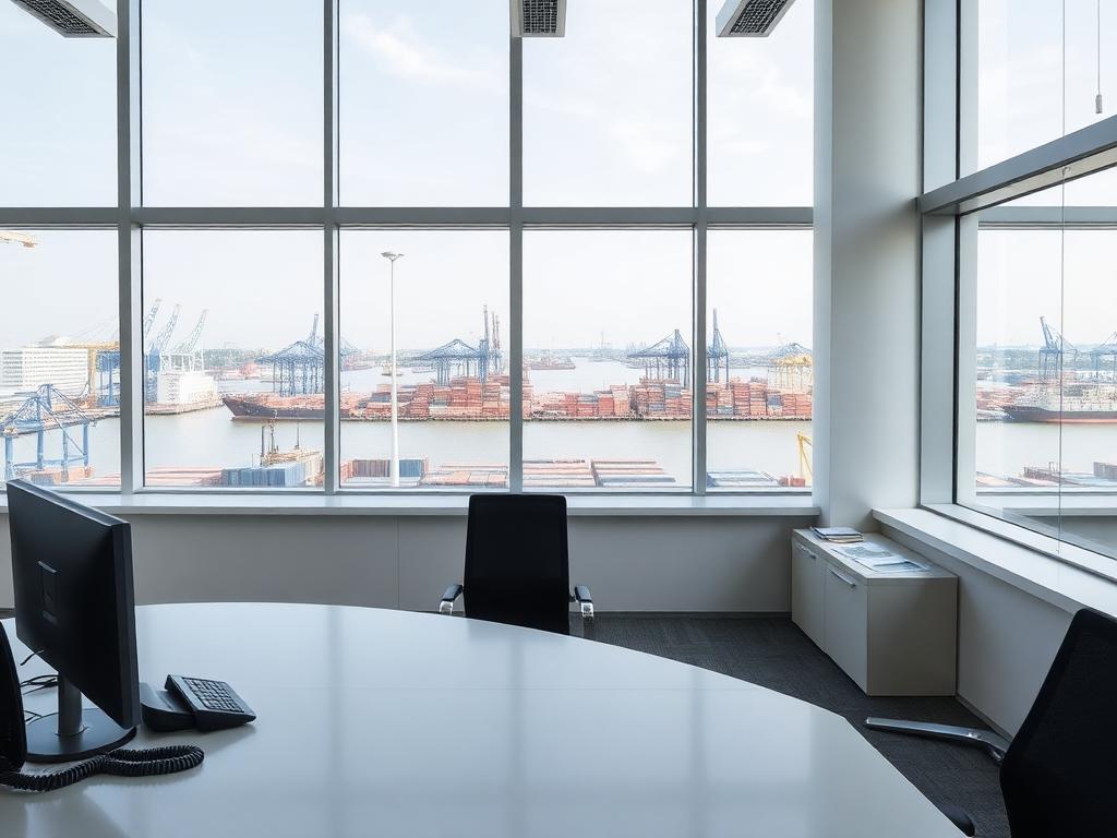 Bright logistics office overlooking a container port