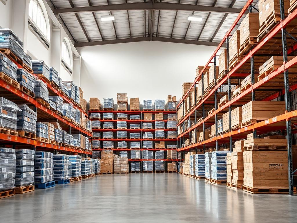 Pallets and cartons stored on racking in a bright warehouse
